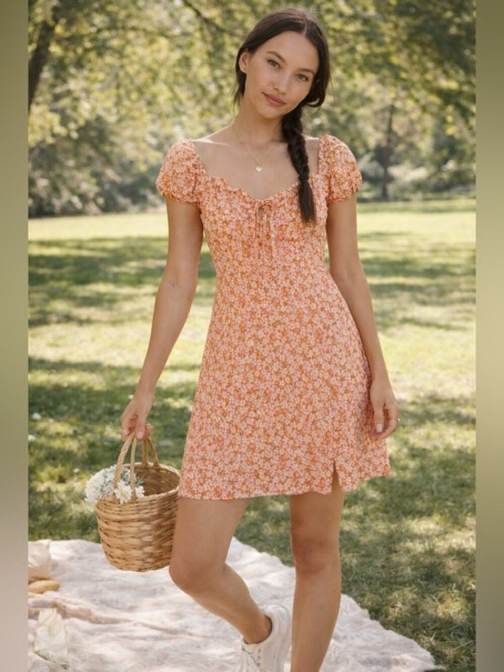 Floral Mini Dress Coquette Cottagecore Orange Puff Sleeve NWOT Sz.M